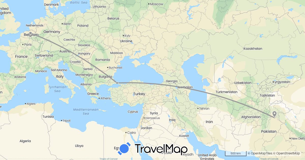 TravelMap itinerary: driving, plane in Belgium, Pakistan, Turkey (Asia, Europe)